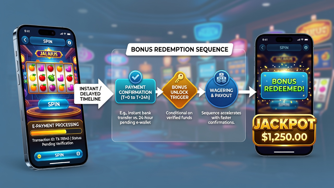 Timeline graphic illustrating deposit processing stages and bonus redemption points in mobile slots