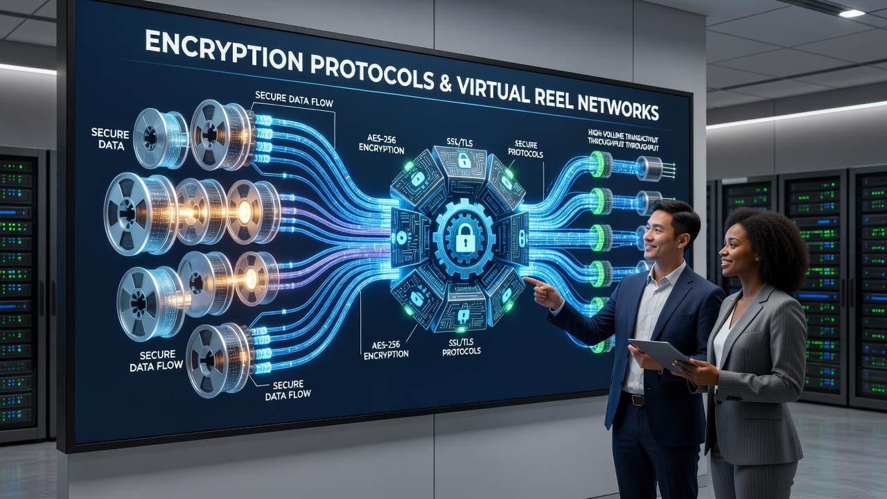 Server rack visualization illustrating encrypted data pathways connecting virtual reel databases with payment gateways
