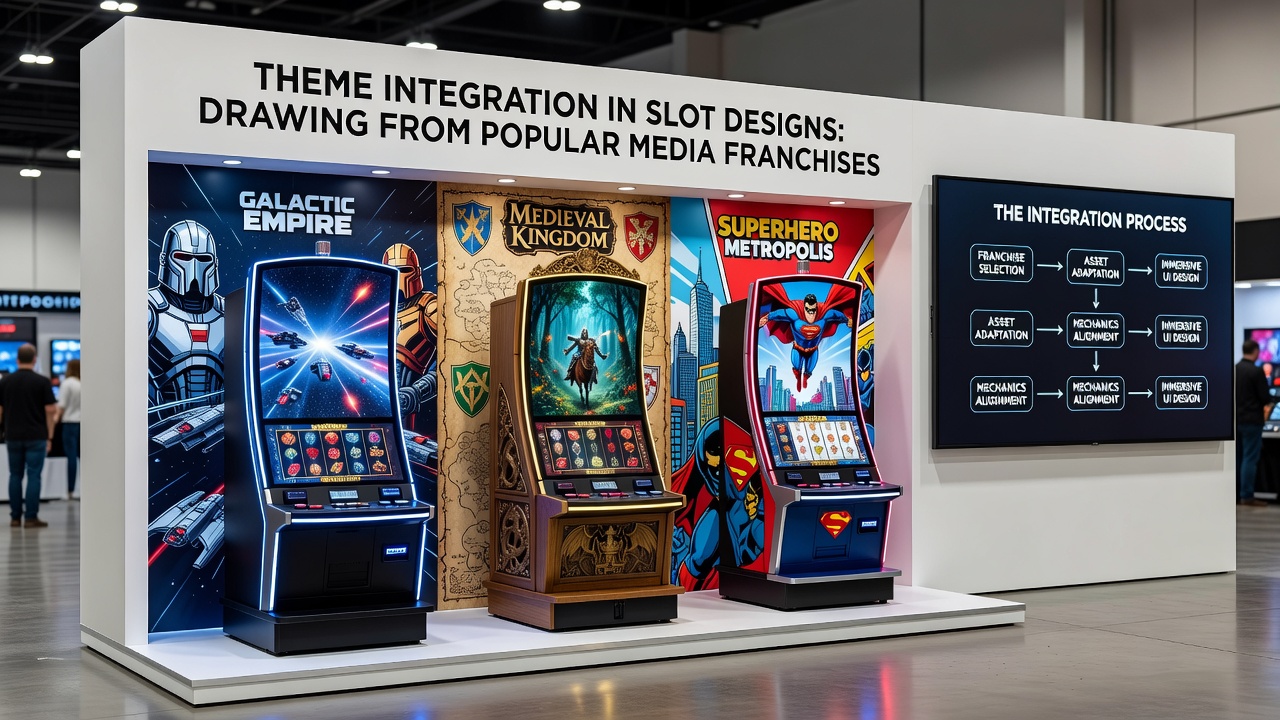 Close-up view of a branded slot interface featuring animated characters, bonus meters, and franchise-specific symbols